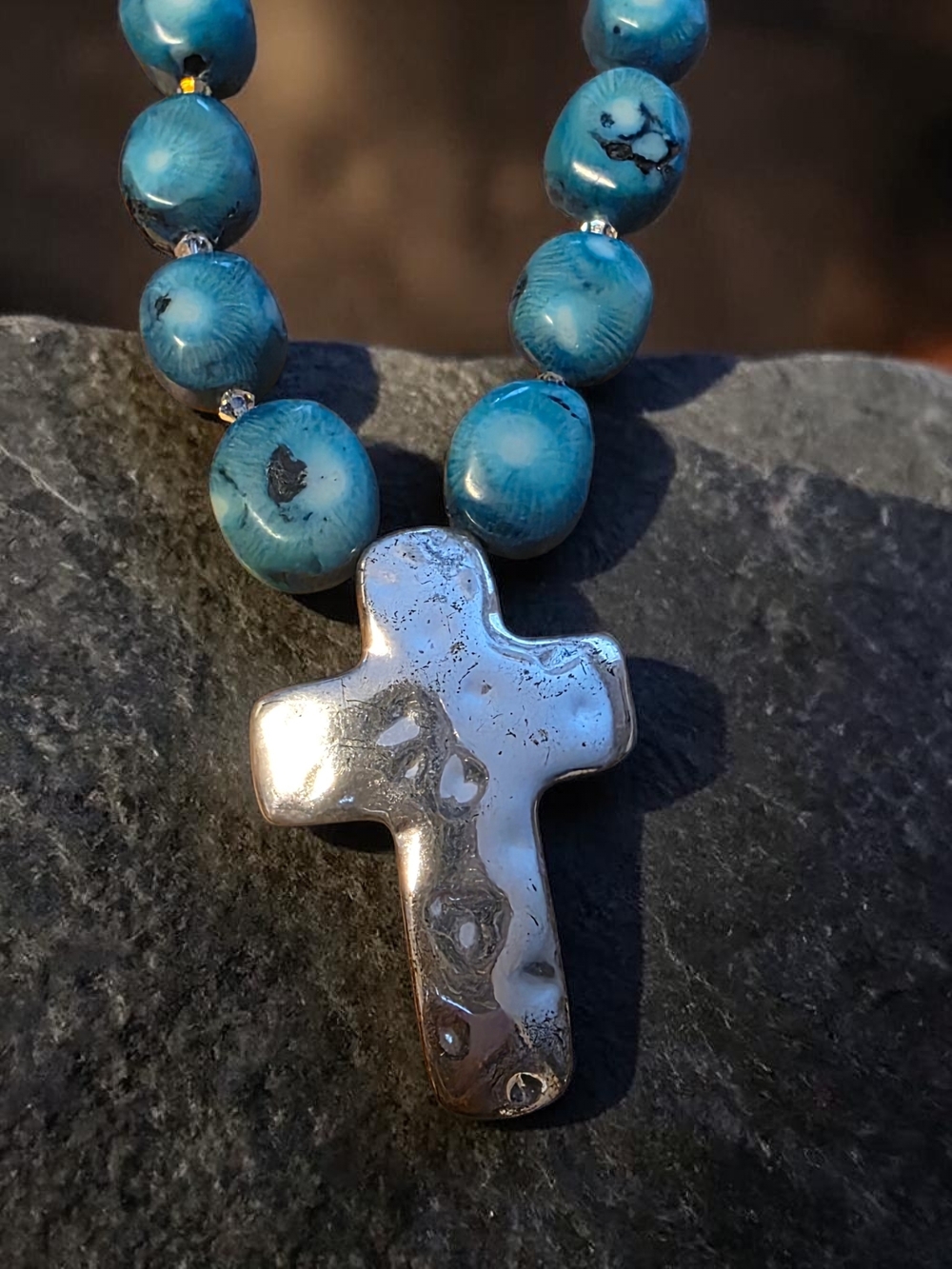 Blue Turquoise Stone Bead Necklace Hammered Cross - Picture 2 of 5